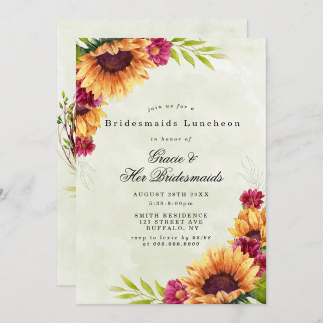 Sunflowers Pink Bridesmaids Luncheon Invitations (Front/Back)