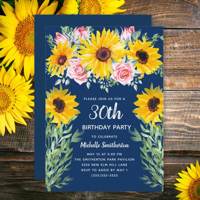 Sunflowers Pink Roses Navy Blue 30th Birthday Invitation (Sunflowers and pink roses on navy blue 30th birthday invitation)