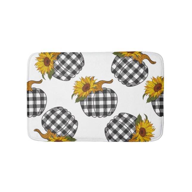 Sunflowers, plaid pumpkin, farmhouse decor bath mat (Front)