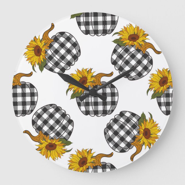 Sunflowers, plaid pumpkin, farmhouse decor large clock (Front)