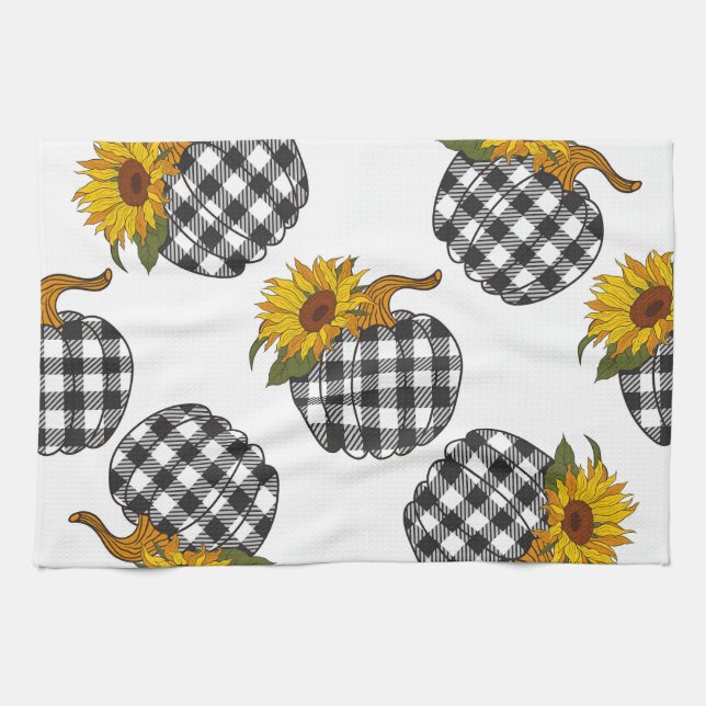 Sunflowers, plaid pumpkin, farmhouse decor tea towel (Horizontal)