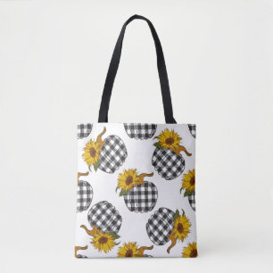 Sunflowers, plaid pumpkin, farmhouse decor tote bag