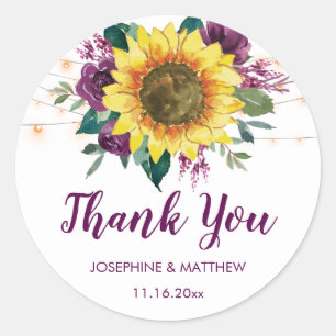 Sunflowers Plum Purple Lights Floral Thank You Classic Round Sticker