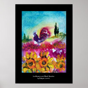 SUNFLOWERS, POPPIES AND BLACK ROOSTER POSTER