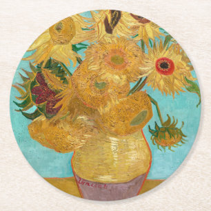 Sunflowers, Post Impressionist Still Life Painting Round Paper Coaster