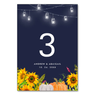 Sunflowers Pumpkin String Lights Blue Wedding Table Number