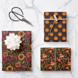 Sunflowers, Pumpkins, and Mushrooms on Brown Wrapping Paper Sheet