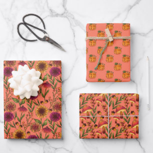Sunflowers, Pumpkins, and Mushrooms on Coral Pink Wrapping Paper Sheet