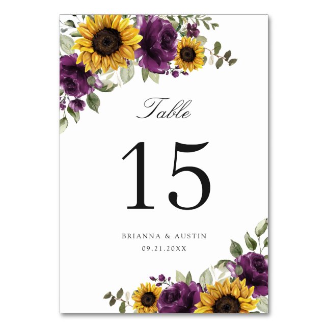 Sunflowers Purple Floral Rustic Table Number (Front)