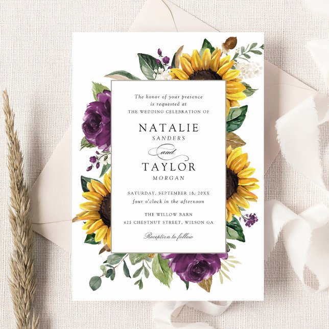 Sunflowers Purple Greenery Floral Rustic Wedding Invitation (Creator Uploaded)