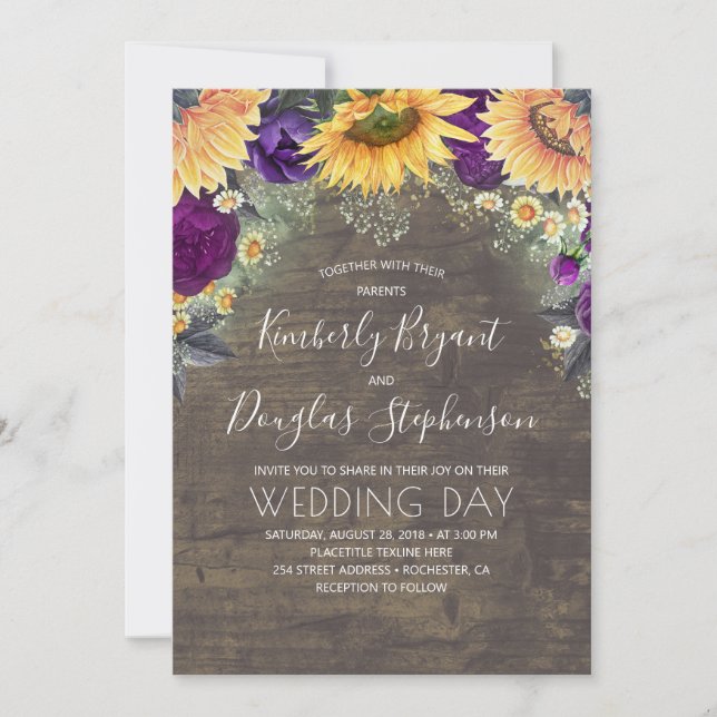 Sunflowers Purple Roses Daisies Rustic Wedding Invitation (Front)