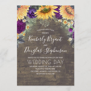 Sunflowers Purple Roses Daisies Rustic Wedding Invitation