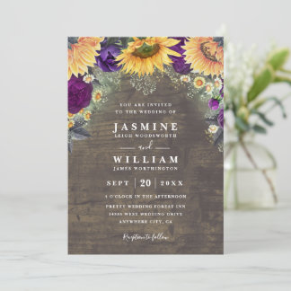 Sunflowers Purple Roses Daisies Rustic Wedding Invitation