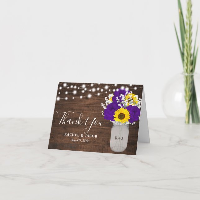Sunflowers Purple Roses Mason Jar Photo Wedding Thank You Card (Front)