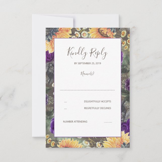 Sunflowers Purple Rustic Fall Wedding RSVP (Front)