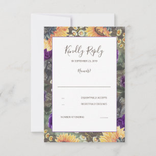 Sunflowers Purple Rustic Fall Wedding RSVP Card
