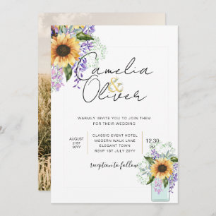 Sunflowers Purple Wisteria Modern Wedding INVITE