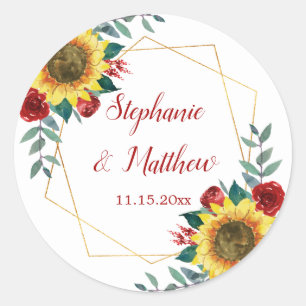 Sunflowers Red Floral Geometric Wedding Classic Round Sticker