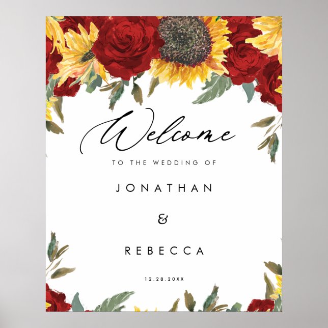 sunflowers red floral welcome sign poster (Front)