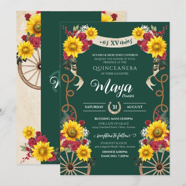 Sunflowers Red Rose Emerald Charro Quinceanera Invitation (Front/Back)