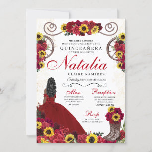 Sunflowers Red Roses Cowgirl Western Quinceanera Invitation