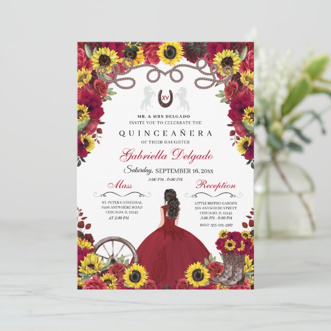 Sunflowers Red Roses Cowgirl Western Quinceanera Invitation (Standing Front)