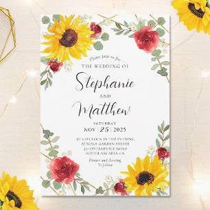 Sunflowers Red Roses Geometric Botanical Wedding Invitation