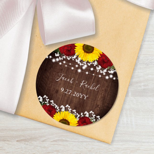 Sunflowers Red Roses String Lights Wedding Classic Round Sticker (Creator Uploaded)