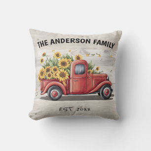 Sunflowers Red Truck Custom Family Name Cushion