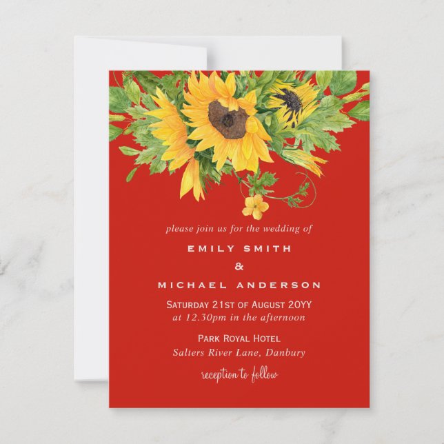 Sunflowers RED Yellow Wedding Invtiations Holiday Card (Front)