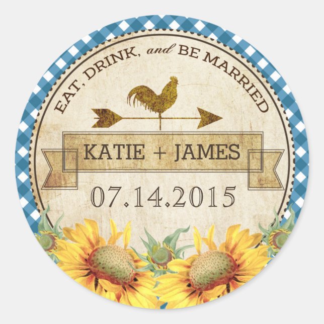 Sunflowers Rooster Rustic Wedding Label (Front)