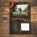 Sunflowers roses barn wood save the date wedding announcement postcard<br><div class="desc">Yellow gold sunflowers,  burgundy roses,  and strings of twinkle lights on a dark brown elegant barn wood photo save the date wedding postcard.           Easy to personalise with your names and text on both sides!            Suitable for floral summer or autumn fall outdoor garden backyard rustic country or farmhouse themed weddings.</div>