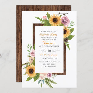 Sunflowers, Roses & Barn Wood   Surprise Party Invitation