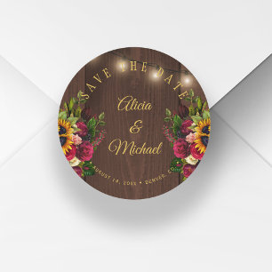 Sunflowers roses chic barn wood wedding save date classic round sticker