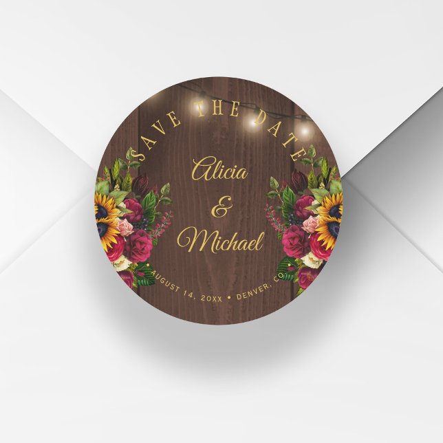 Sunflowers roses chic barn wood wedding save date classic round sticker (Creator Uploaded)