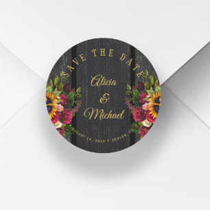 Sunflowers roses chic barn wood wedding save date classic round sticker