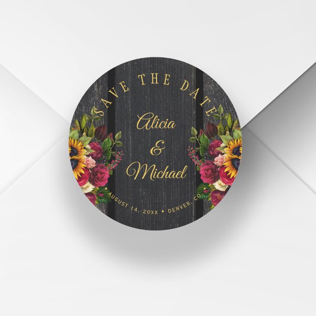 Sunflowers roses chic barn wood wedding save date classic round sticker (Creator Uploaded)