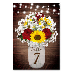 Sunflowers Roses Mason Jar String Lights Wedding Table Number