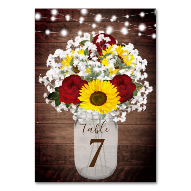 Sunflowers Roses Mason Jar String Lights Wedding Table Number (Front)