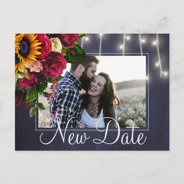 Sunflowers roses rescheduled new date wedding announcement postcard (Front)