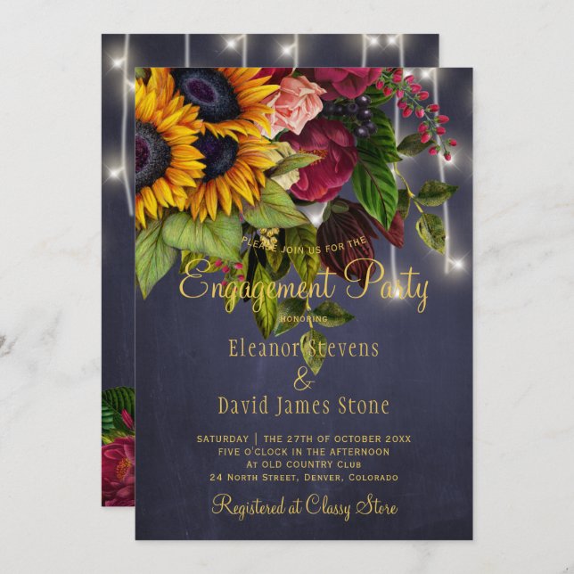 Sunflowers roses rustic navy burgundy engagement invitation (Front/Back)