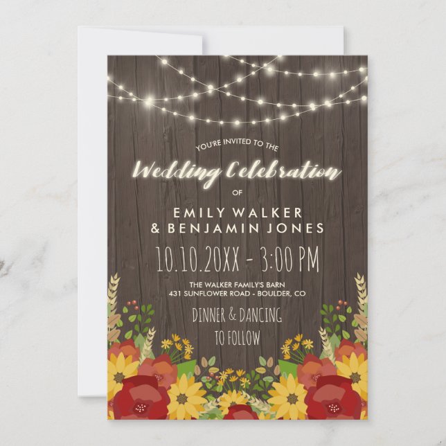 Sunflowers Roses String Lights Rustic Barn Wedding Invitation (Front)