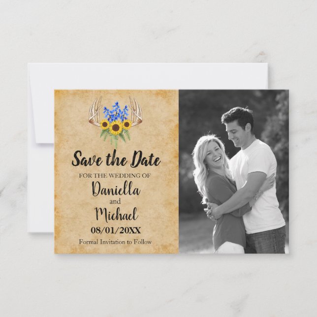 Sunflowers Rustic Antlers Floral Wedding Save The Date (Front)
