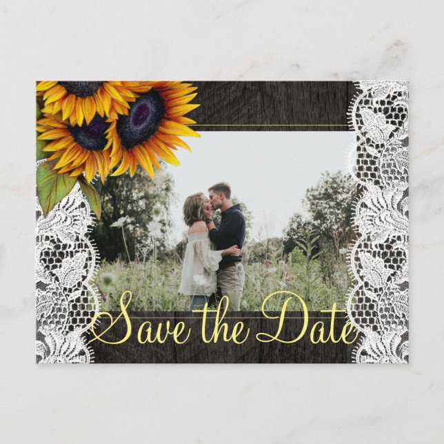 Sunflowers rustic barn wood save the date wedding announcement postcard (Front)