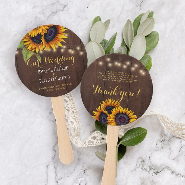 Sunflowers rustic brown barn wood wedding favour hand fan (Creator Uploaded)