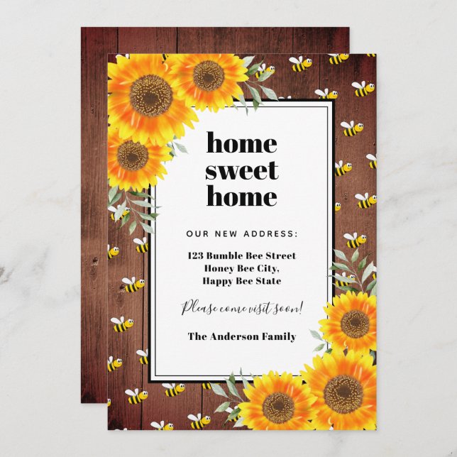 Sunflowers rustic bumble bees new home moving announcement (Front/Back)