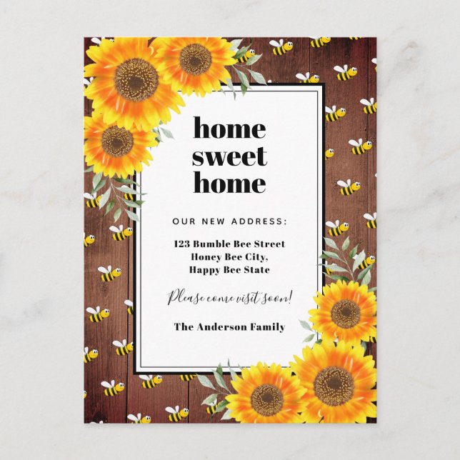 Sunflowers rustic bumble bees new home moving announcement postcard (Front)