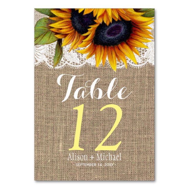 Sunflowers rustic burlap fall wedding table number (Front)