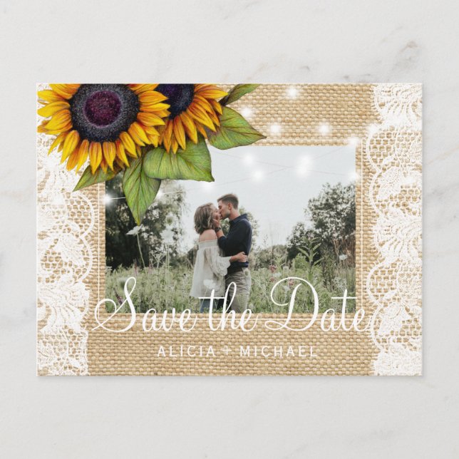 Sunflowers rustic burlap lace save date wedding announcement postcard (Front)