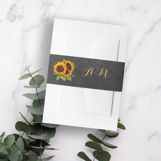 Sunflowers rustic elegant monogram wedding invitation belly band (Creator Uploaded)